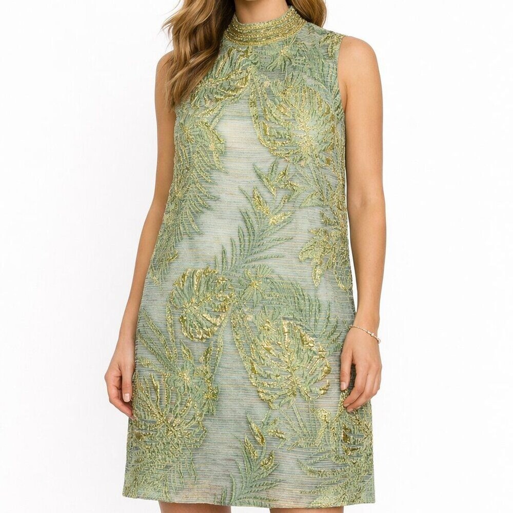 Alex Marie Green Gold Metallic Leaf Jacquard Shift Dress Sleeveless  SZ 4